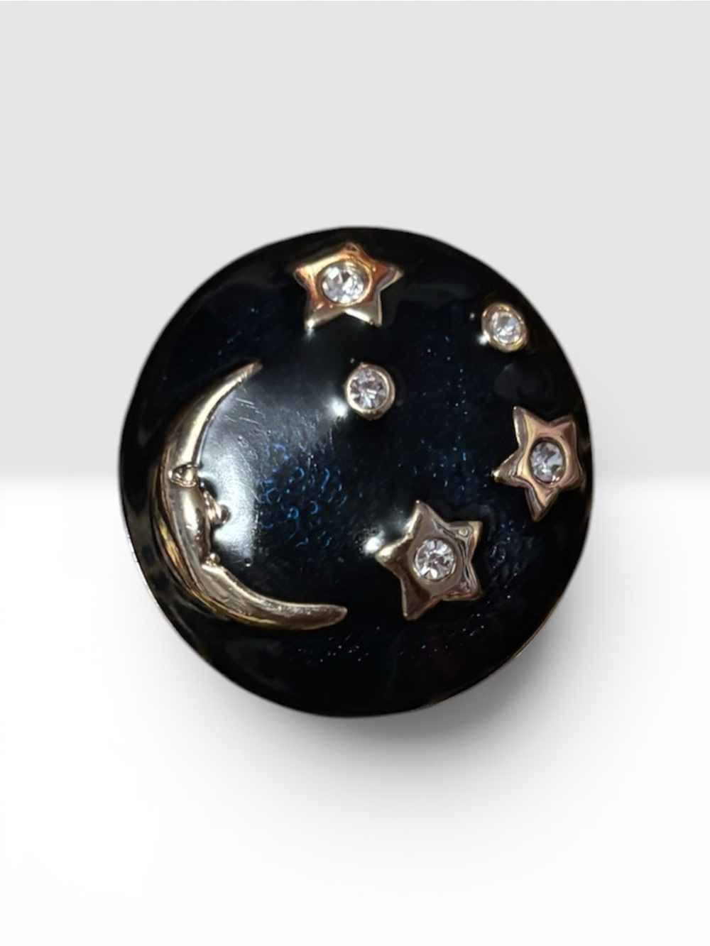Vintage 1980s Celestial Moon & Stars Black Enamel Gold Tone Brooch Pin